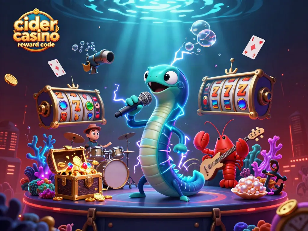Explore the exciting underwater scene with the cider casino reward code, featuring a DJ eel and band.