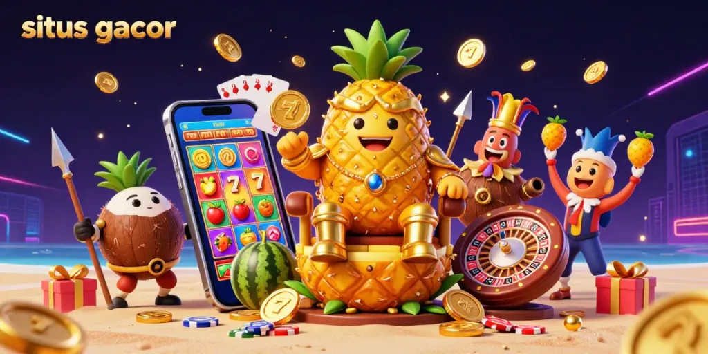 Situs gacor offers a vibrant gaming scene with a golden pineapple king and lively elements of luck and fun.