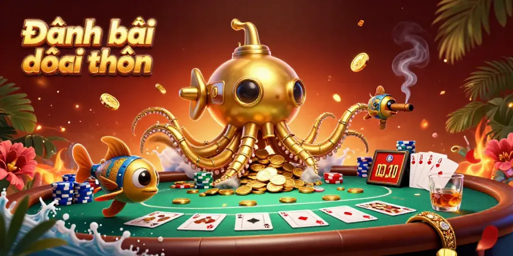 Engage in Đánh bài đổi thưởng action with a golden kraken submarine and poker scene full of excitement.