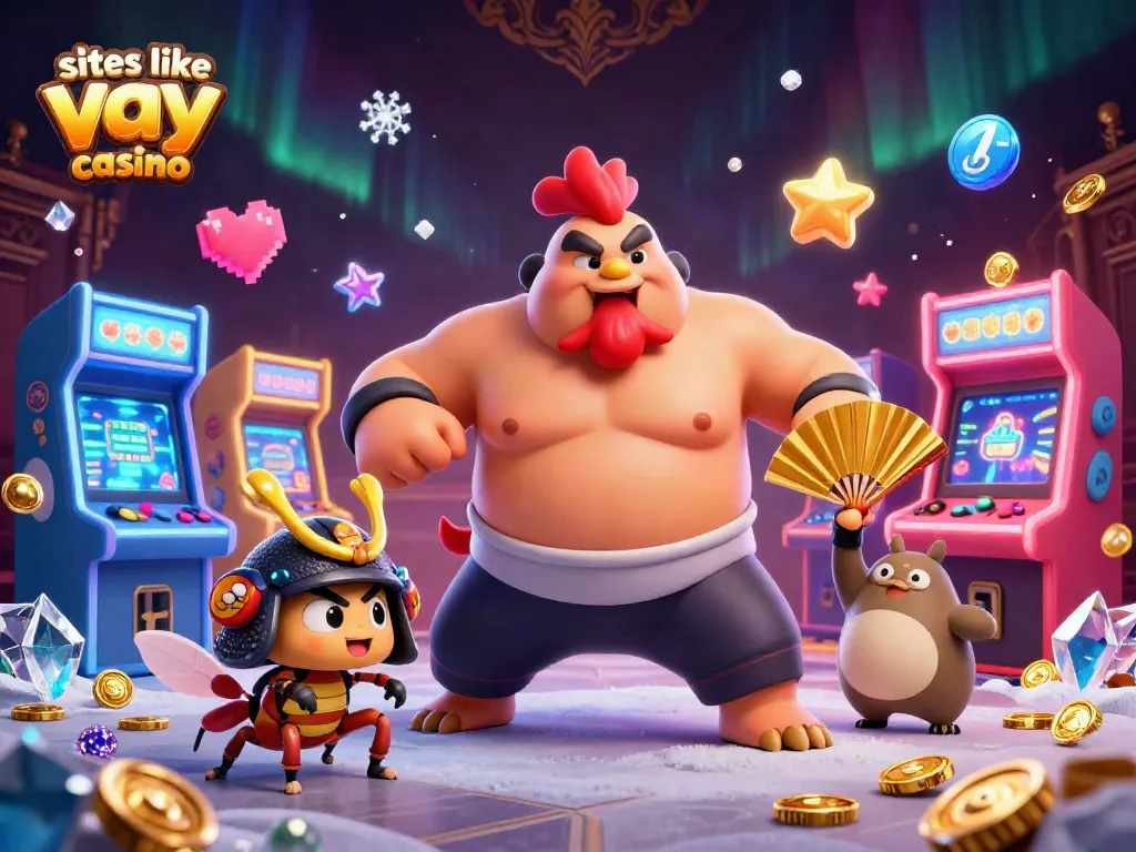 Engage in fun gameplay at sites like yay casino, featuring a whimsical illustration of a sumo wrestler rooster and samurai cricket.
