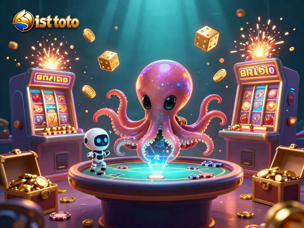 Experience the thrill with situs toto featuring an alien octopus at a holographic poker table surrounded by vibrant casino elements.