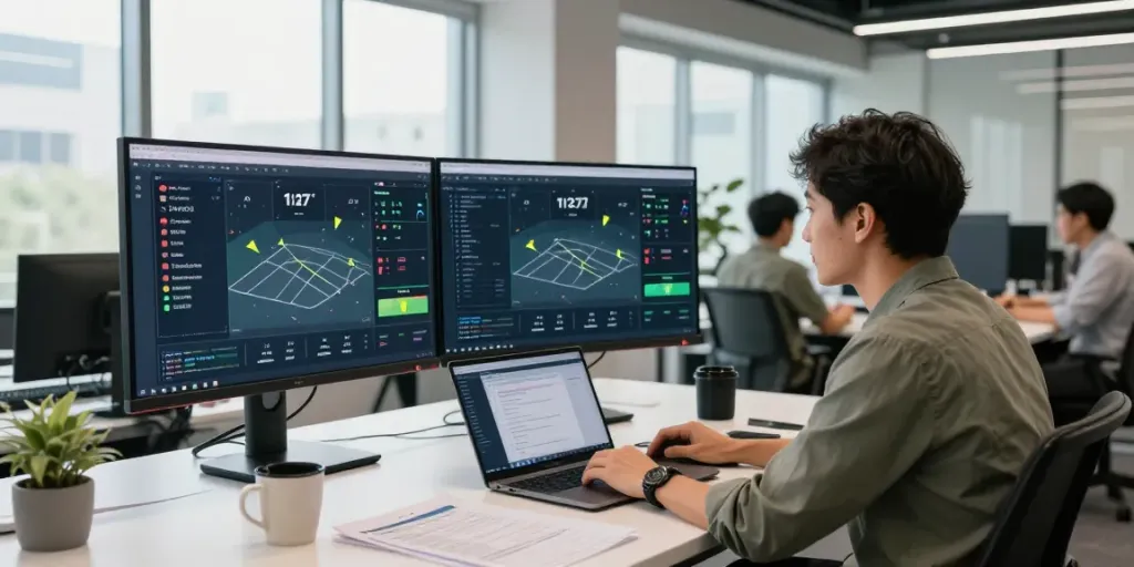 Real-time tennis stats API analysis in a modern office with live score displays and collaborative team interactions.