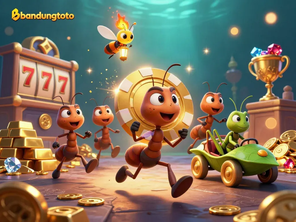 Experience the thrill of bandungtoto as cartoon ants carry a golden poker chip in a dynamic casino heist scene.