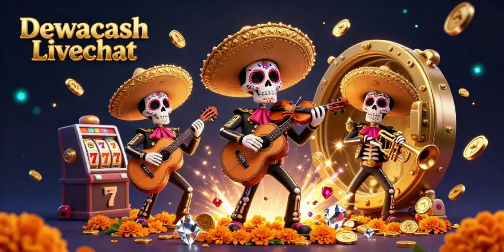 Dewacash Livechat invites you to enjoy a festive casino scene with a mariachi band and dynamic gaming elements.