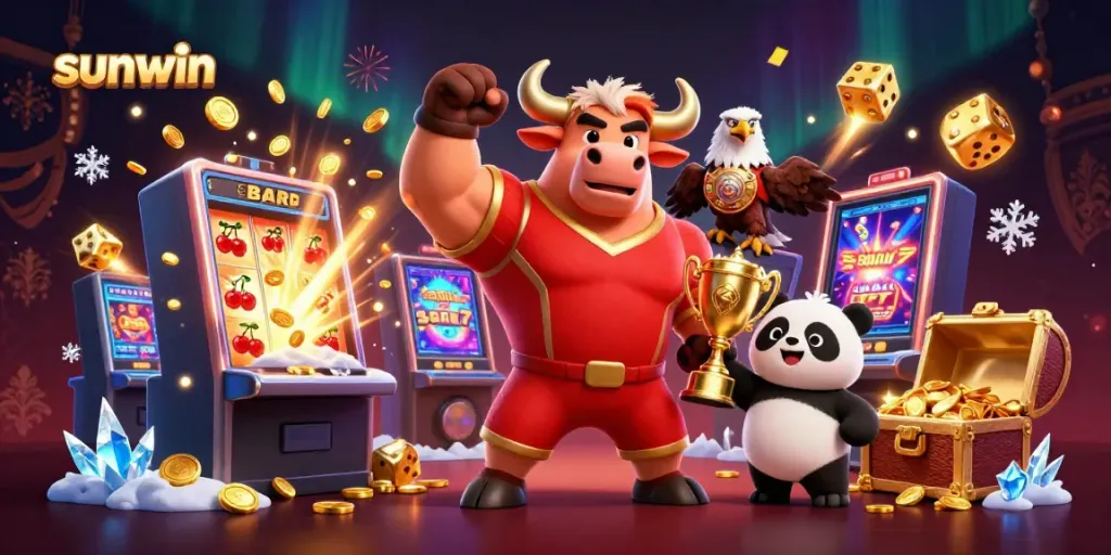 Experience the thrill of gaming at sunwin, featuring mascots celebrating a jackpot in a vibrant casino scene.