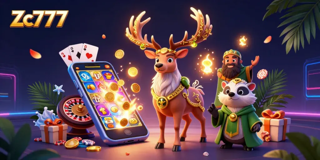 Engage with Zc777 casino action featuring vibrant games, coins, and adorable characters.