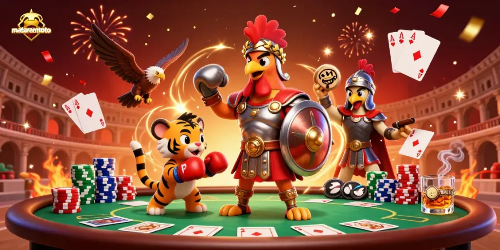 Discover the excitement of mataramtoto with a 3D gladiator rooster amidst poker action and vibrant elements.