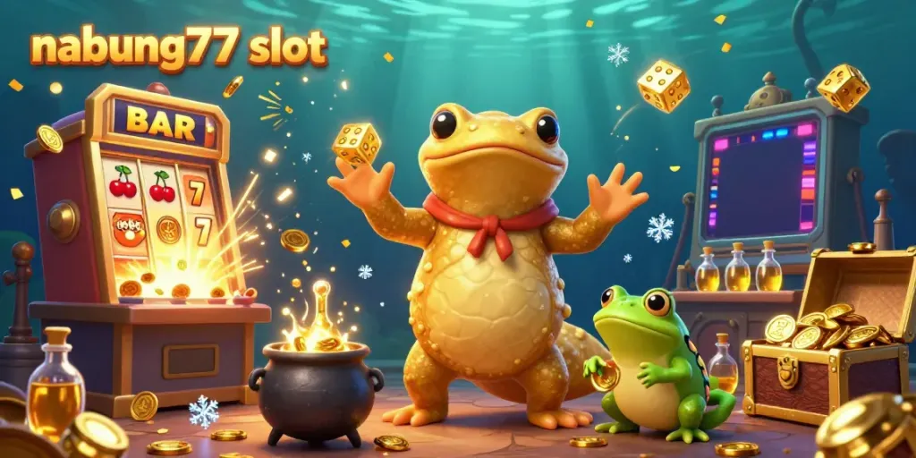 Experience the magic of nabung77 slot with a captivating golden alchemist scene bursting with casino excitement.
