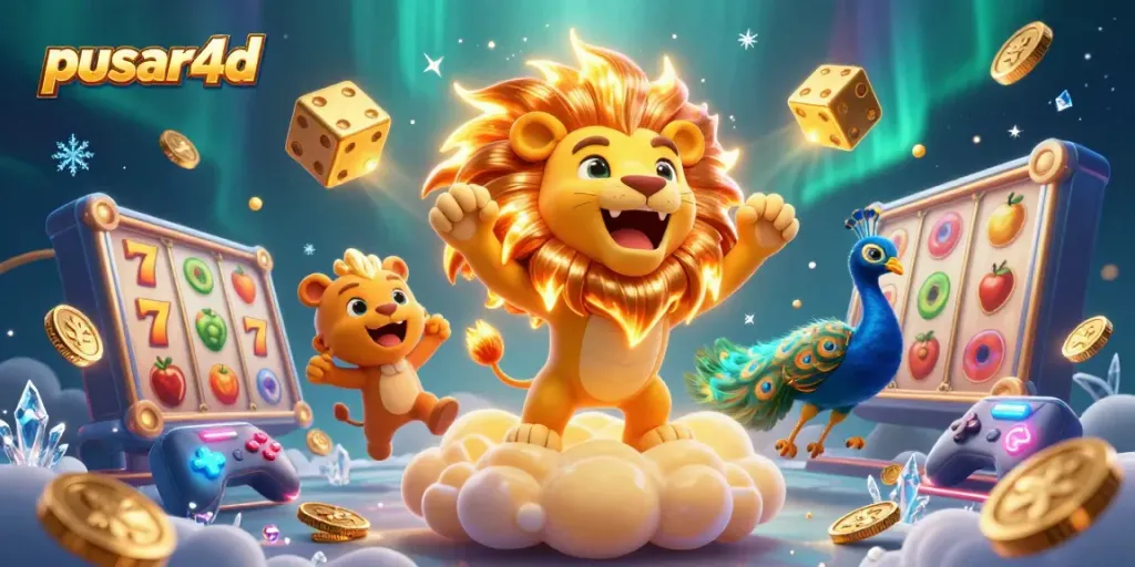 Engage with pusar4d in this vibrant illustration filled with dynamic slot reels and elements of casino gaming.