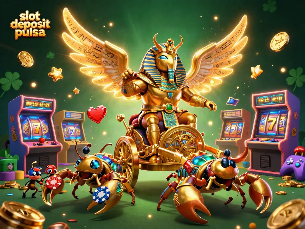 Engaging slot deposit pulsa illustration showcasing a chariot led by golden scarab beetle and scorpions with vibrant casino game elements.