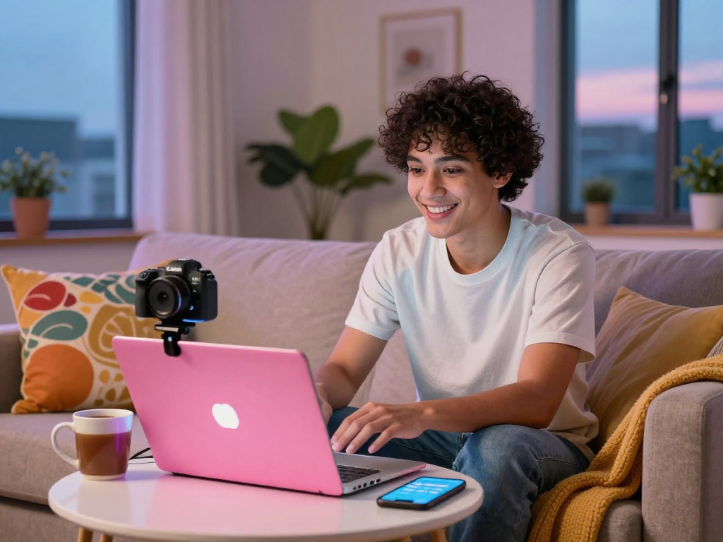A young adult engaging in a pink live chat video call in a cozy home environment, showcasing real-time social interaction.