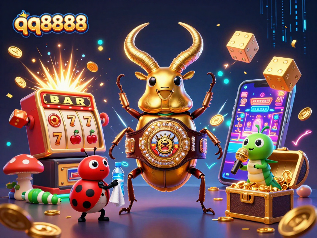 Experience thrilling gameplay at qq8888 with a dynamic scene featuring iconic 3D casino characters and vivid gaming elements.