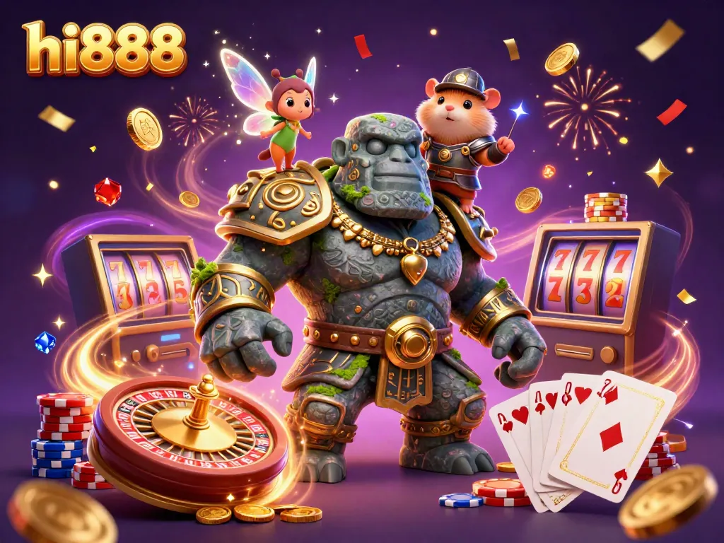 Experience the magical world of hi888, featuring a golem guardian, fairy companion, and hamster knight amidst a casino celebration.