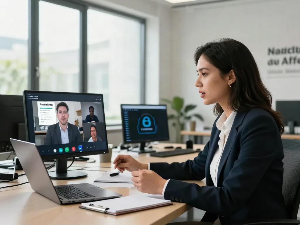 Engaged professionals in deepfake protected online video calls discussing digital security measures.