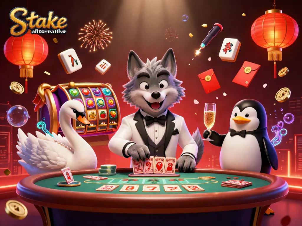 Illustration of a 3D cartoon wolf, swan, and penguin featuring a stake.us alternative casino experience with slots and celebratory elements.