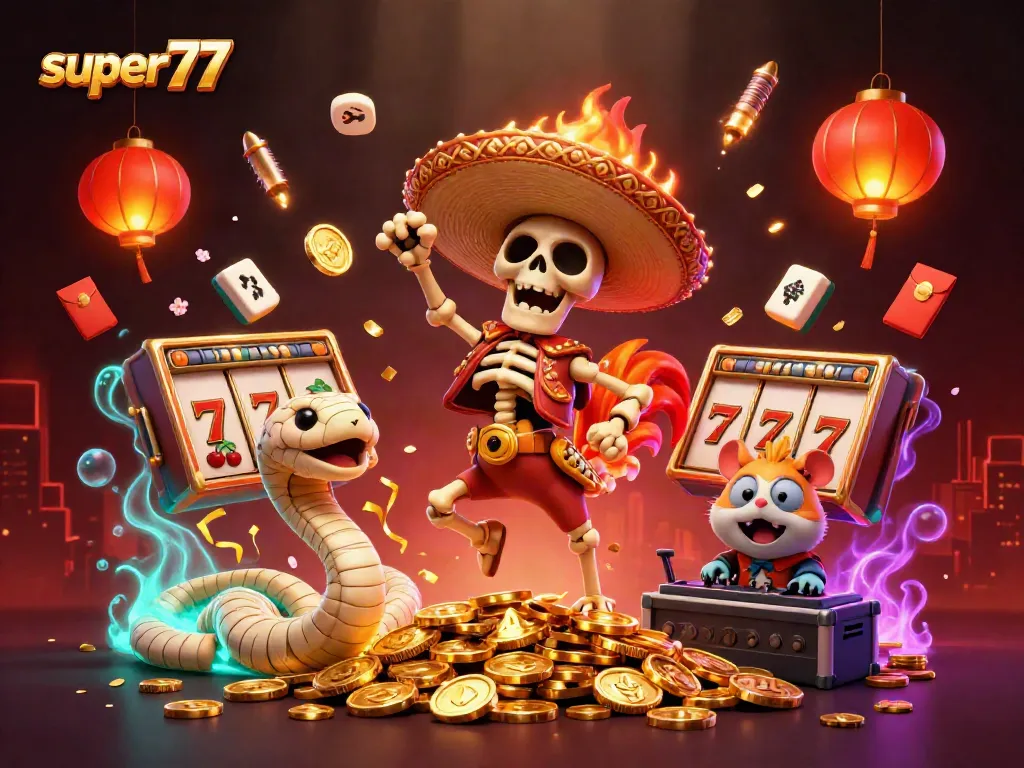 Experience thrilling wins with super77 in a vibrant online slot scene featuring animated characters and game elements.