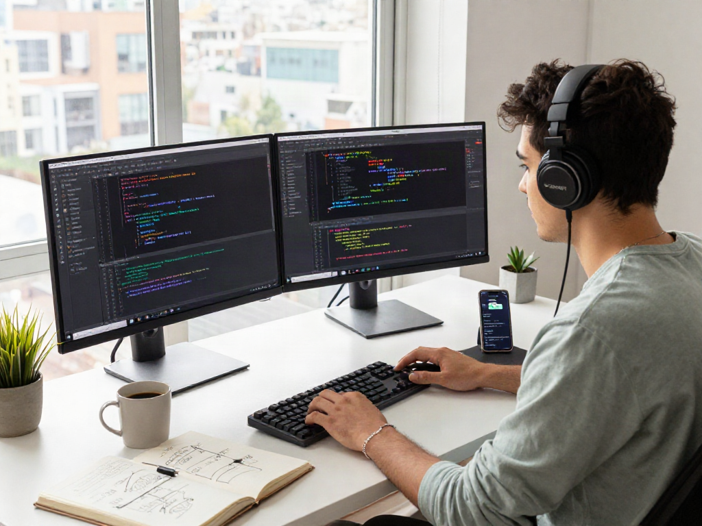 Engaged developer coding in vibrant workspace with spotify mod apk related projects on screen