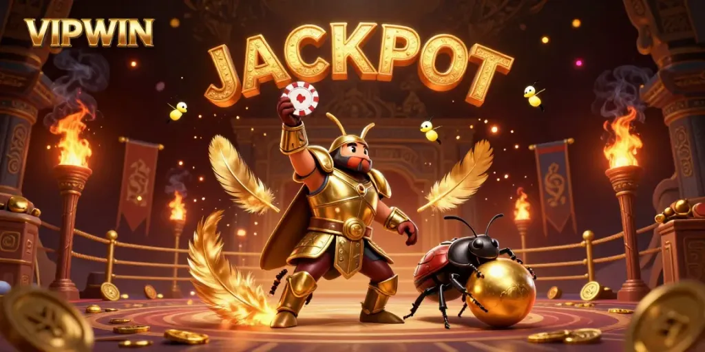 Engage in winning strategies at VIPWIN with golden themed animated characters and casino elements.