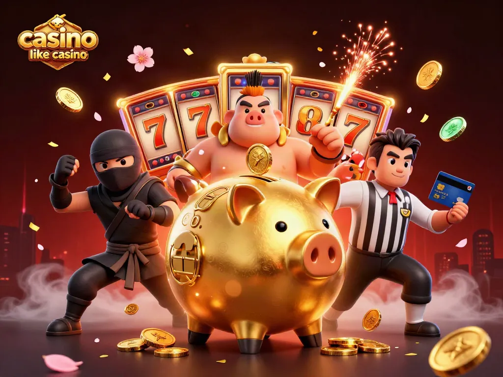Join the action at a casino like wild casino with a vibrant 3D illustration of a piggy bank sumo wrestler and dynamic scene elements.