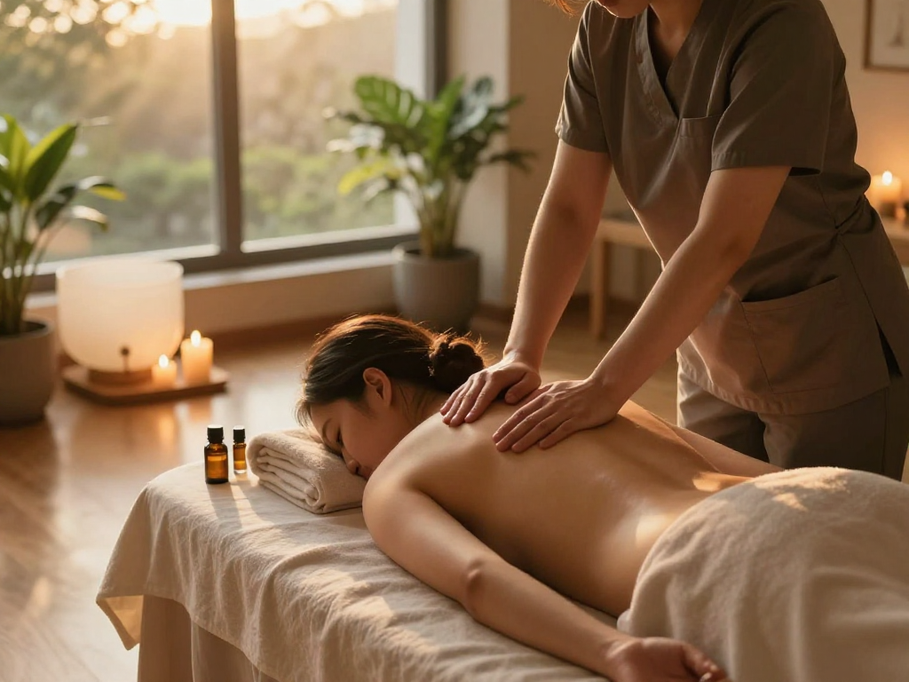 Experience tranquil 부천출장마사지 with calming massage therapist, soothing atmosphere, and aromatherapy elements.