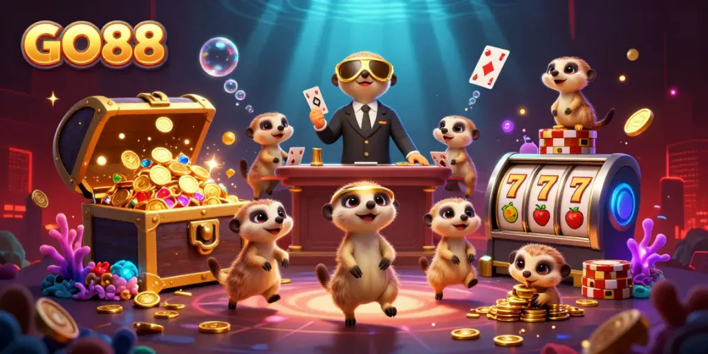 Experience exciting gameplay and casino thrills in the vibrant GO88 world, featuring adorable and animated meerkats.