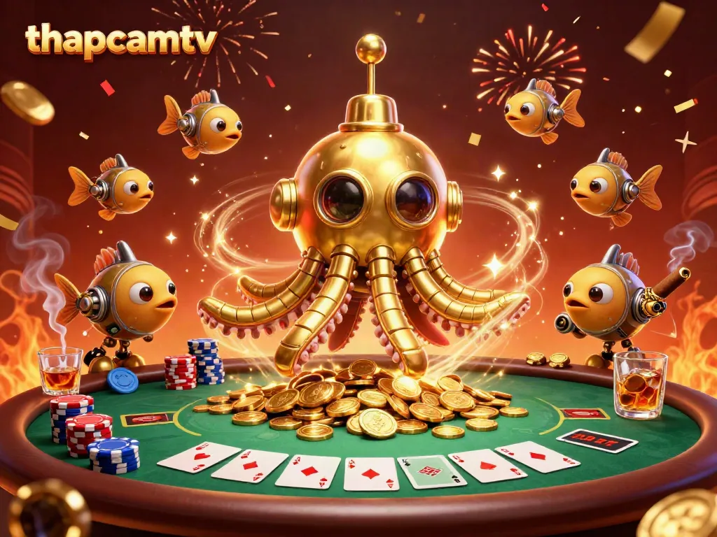 Experience thapcamtv with vibrant poker action amidst golden kraken and mechanical fish in 3D.