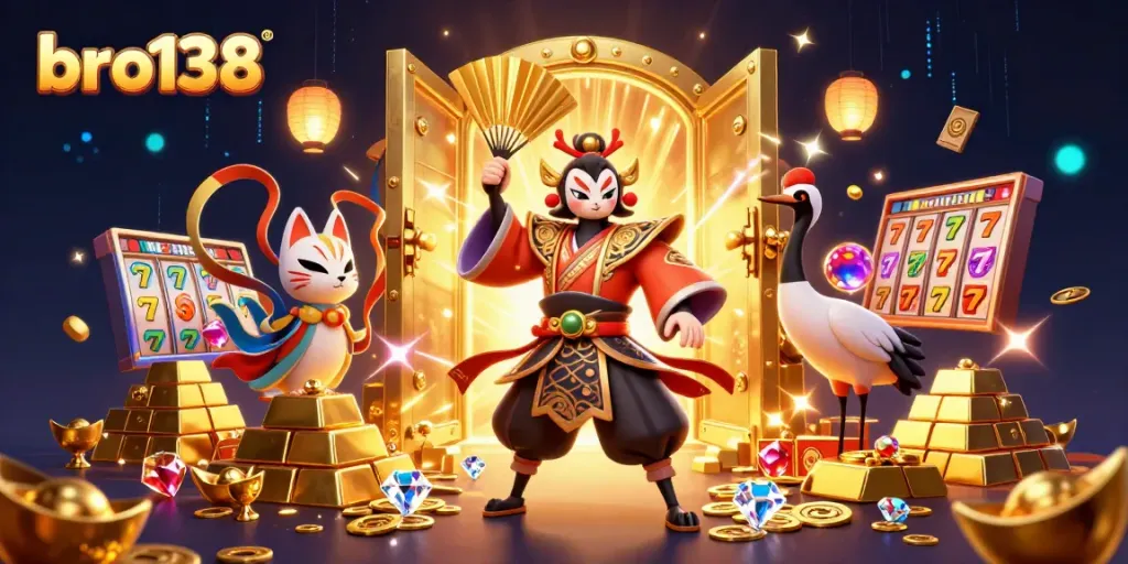 Experience the rich gaming universe of bro138 with dynamic characters and exciting slot elements in a vibrant casino scene.
