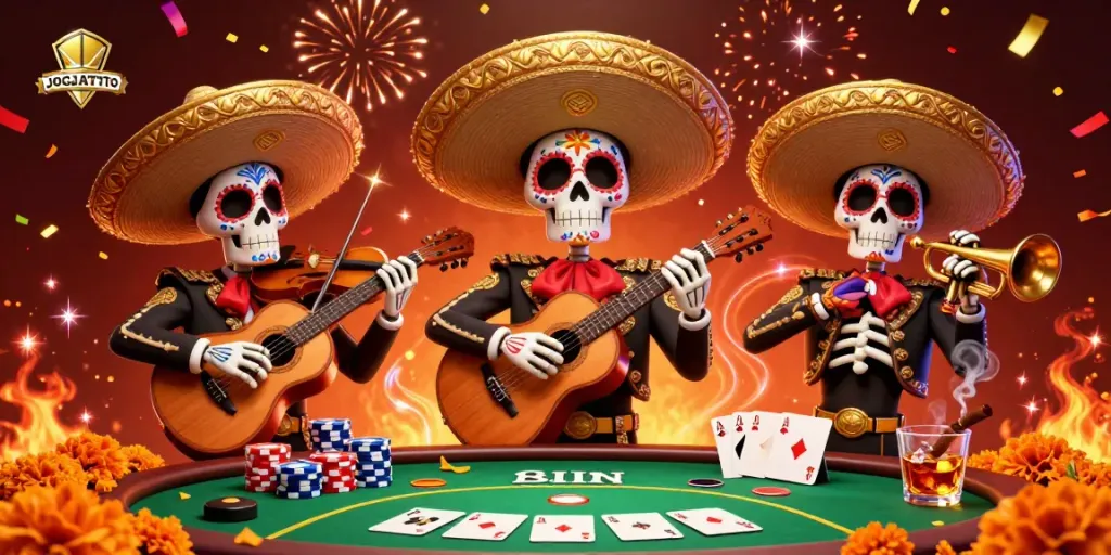 Experience vibrant gaming with JOGJATOTO's lively Day of the Dead casino scene featuring a mariachi band and poker elements.