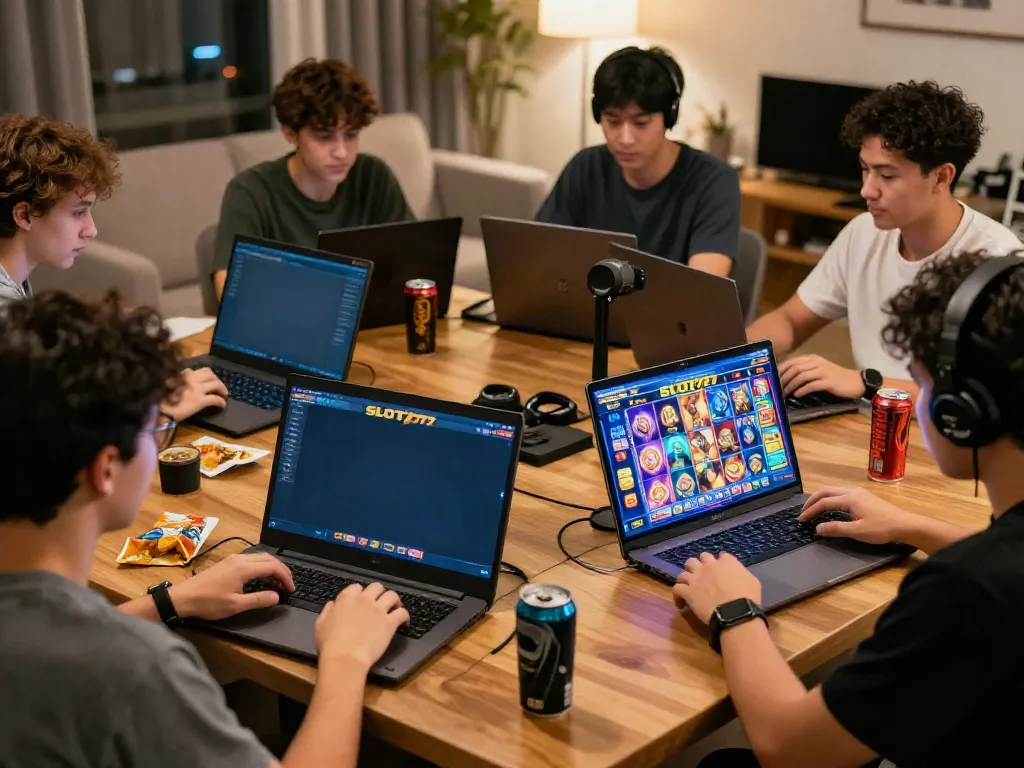Exciting SLOT777 online gaming scene with diverse players engaging in thrilling slot games on different devices.