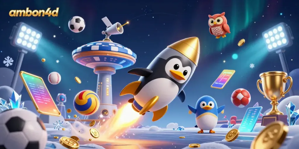 Experience thrilling gameplay at ambon4d with a vivid illustration of a golden penguin racing through a cosmic casino.