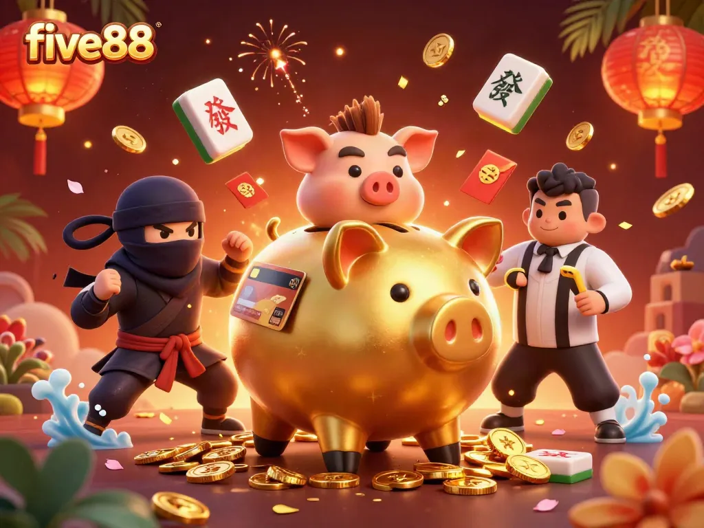 Experience the thrill of five88 with vibrant casino action featuring a golden piggy bank and dynamic elements.