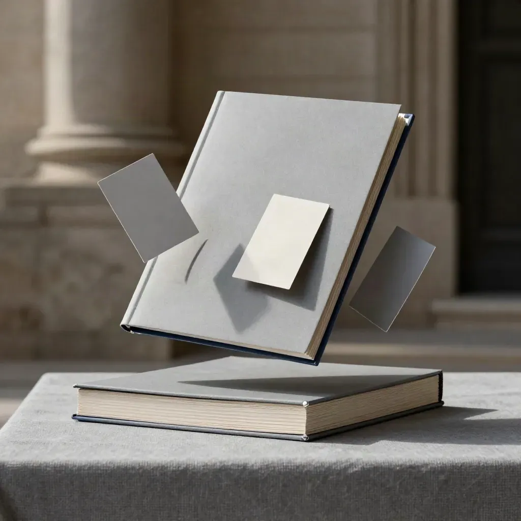 Floating matte ETF folios with a clear sleeve and companion cards on cool linen, softly lit.