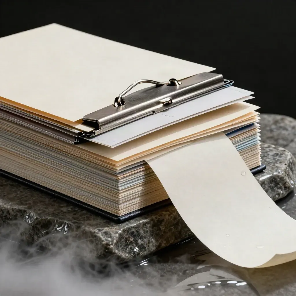 Layered ETF folio pack on wet stone with brushed-metal clip and curling sheet in cool mist