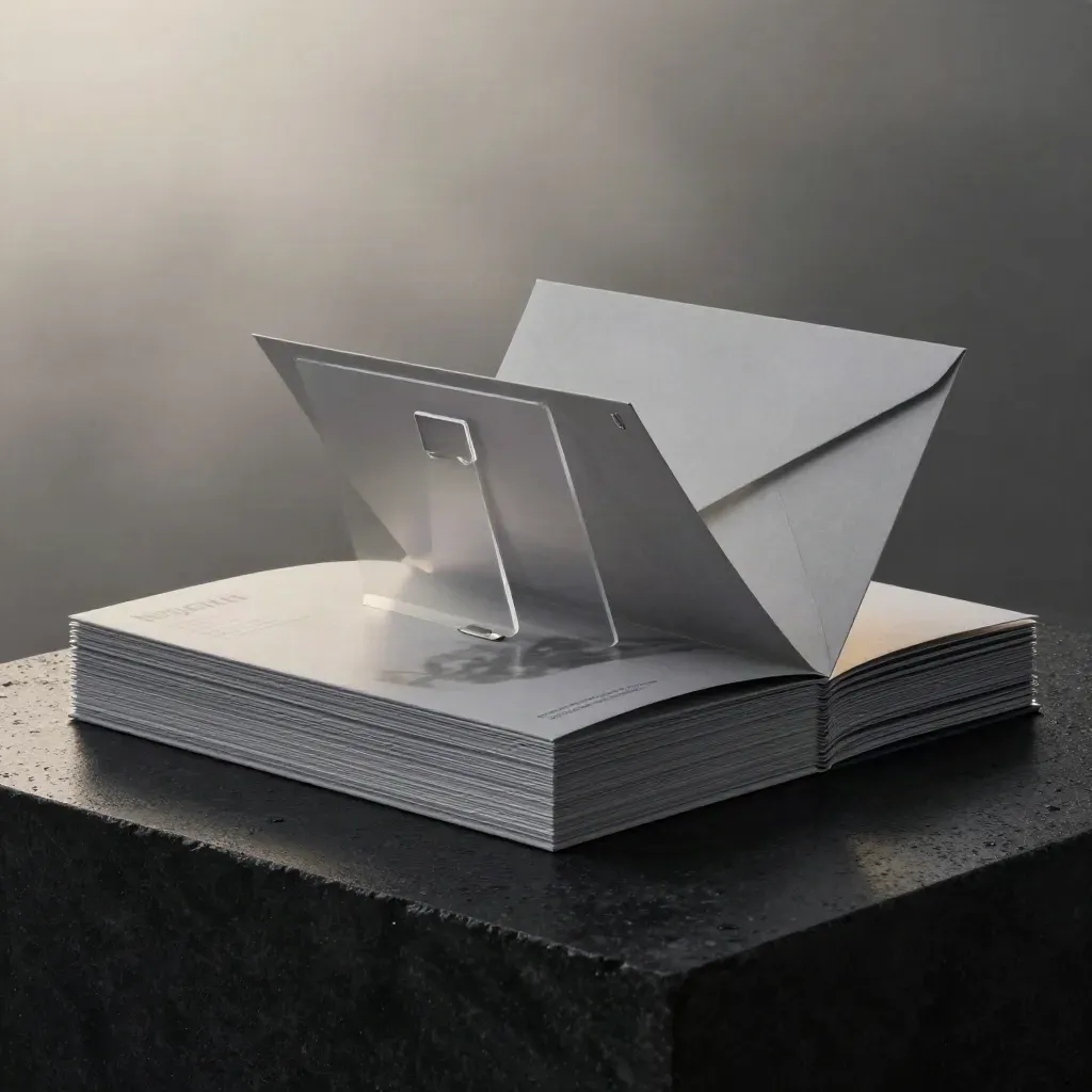 Dramatic ETF portfolio folio stack on matte-black stone with acetate tabs, mist, and silver highlights.