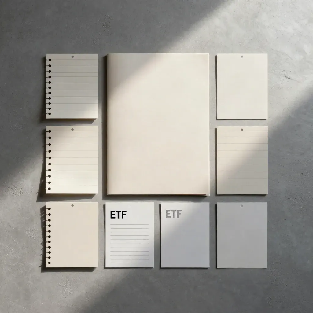 Overhead flat lay of ETF screening tabs, dossier sleeve, and four cards on concrete
