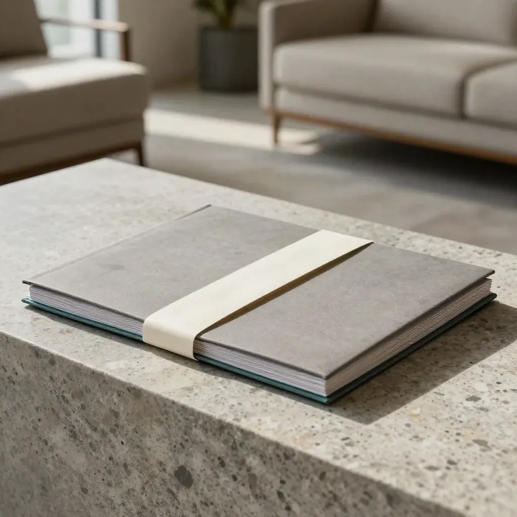 ETF starter pack with folios on a travertine plinth, softly lit in a modern lounge