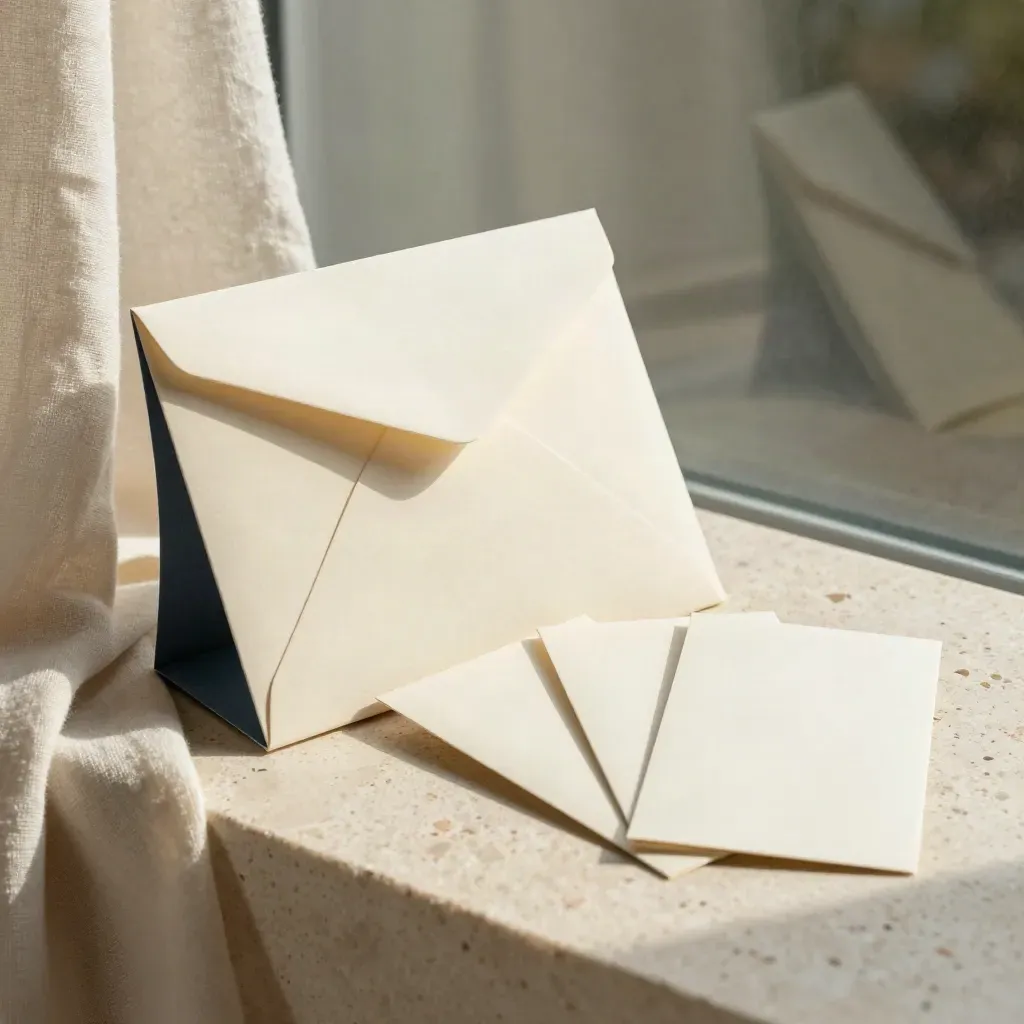 Unbranded investment packet with booklet and two cards on travertine in soft daylight