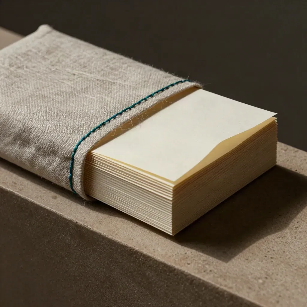 Linen-wrapped ETF guide packet with folded sleeves and a teal stitch on a plaster ledge.