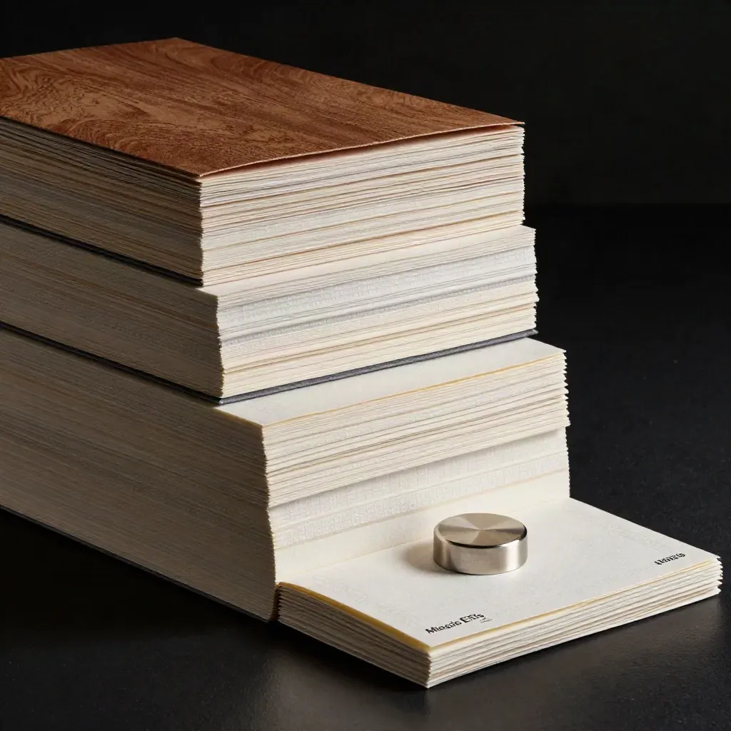 Stepped folio packets rise on a dark studio floor with a brushed paperweight and dust in the light.