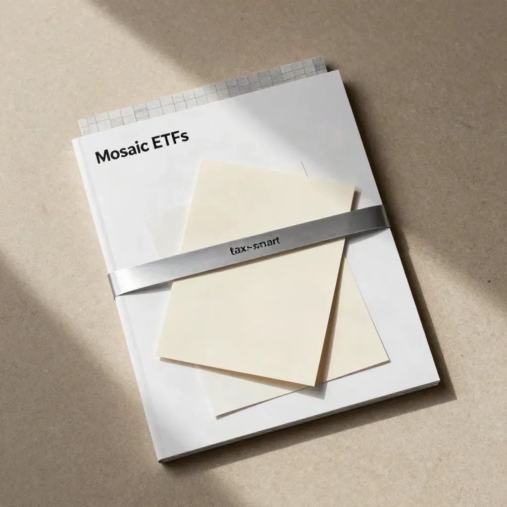Overhead flatlay of a tax-smart ETF packet with two inserts and silver band on khaki stone