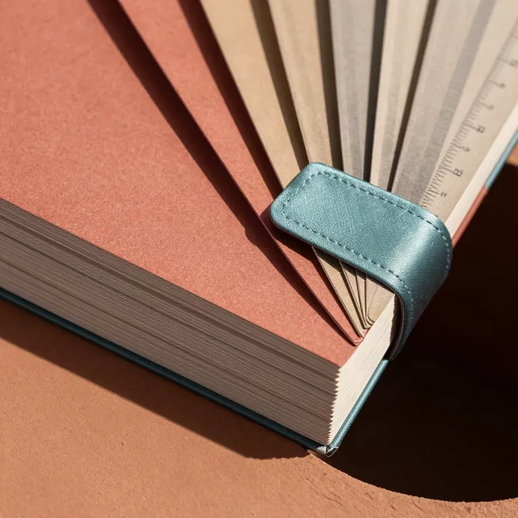Six unbranded folios fan on a terracotta plinth with a muted teal satin divider.