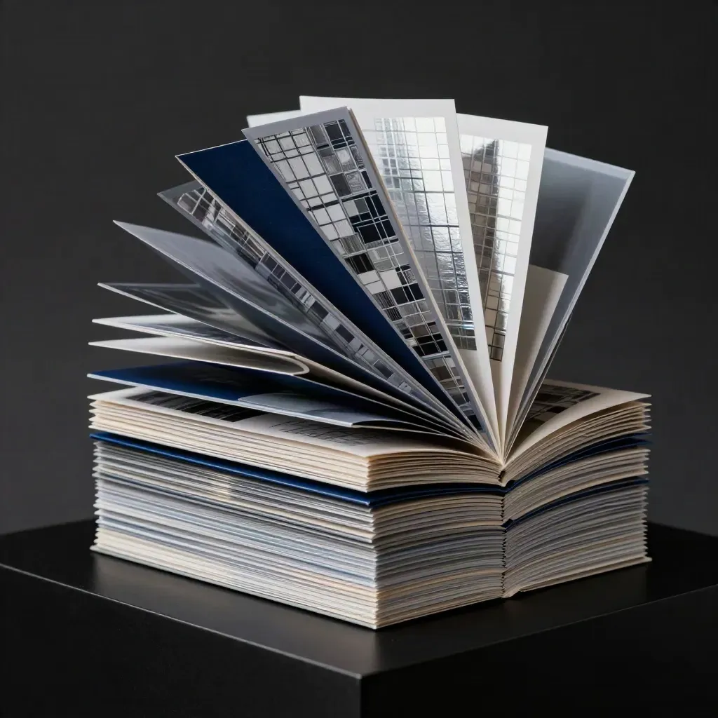 Saturated finance packet stack bursting open on a matte-black pedestal