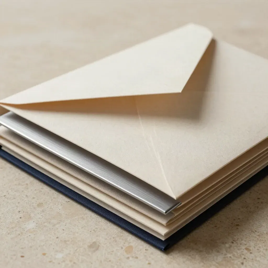 Three matte folios, divider bar, and sleeve stack on travertine in a premium macro product shot.