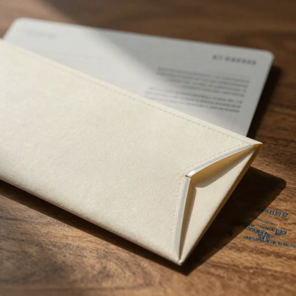 Macro of a pale ETF packet with a translucent tab and softly blurred backing card.