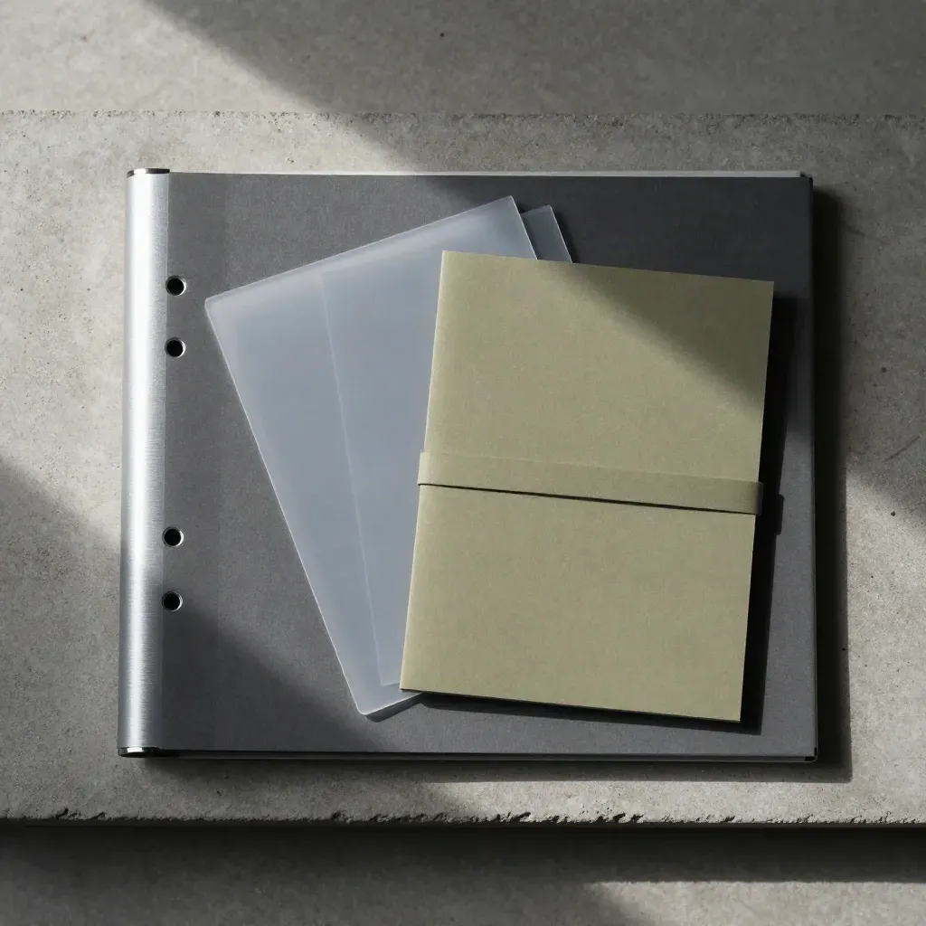 Overhead flatlay of a rebalance binder, acetate tabs, and insert on concrete.