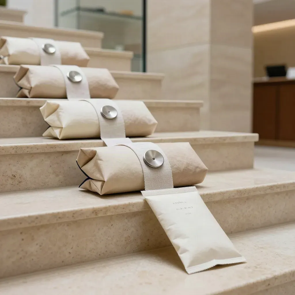 Four packets step up a travertine stair with a silver paperweight and linen strip