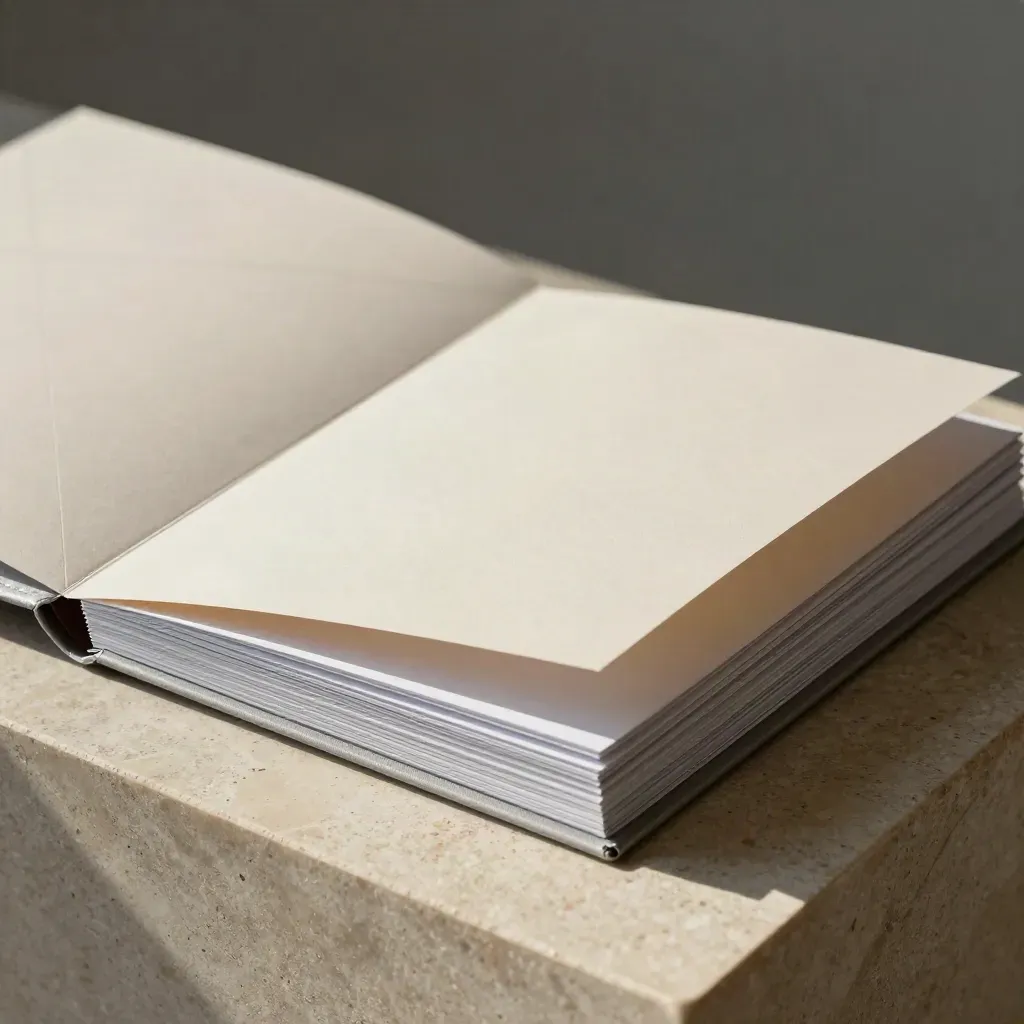 Open advisor folder set with inserts and divider cards on a limestone plinth.