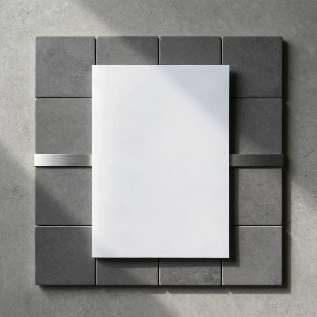 Overhead flatlay of matte finance tiles and a dossier sleeve on cool concrete.