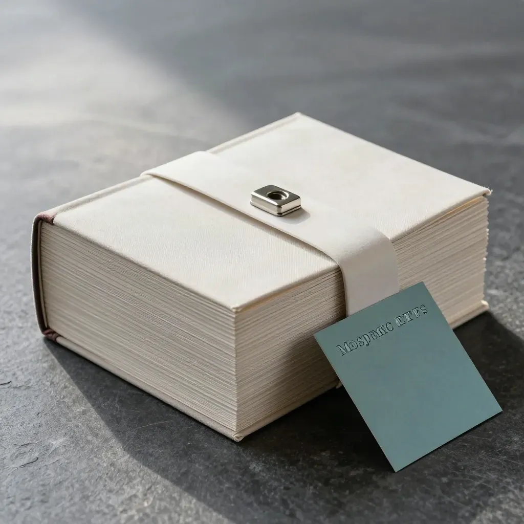 Low three-quarter product hero of a bond booklet stack with cloth sleeve, paperweight and insert.