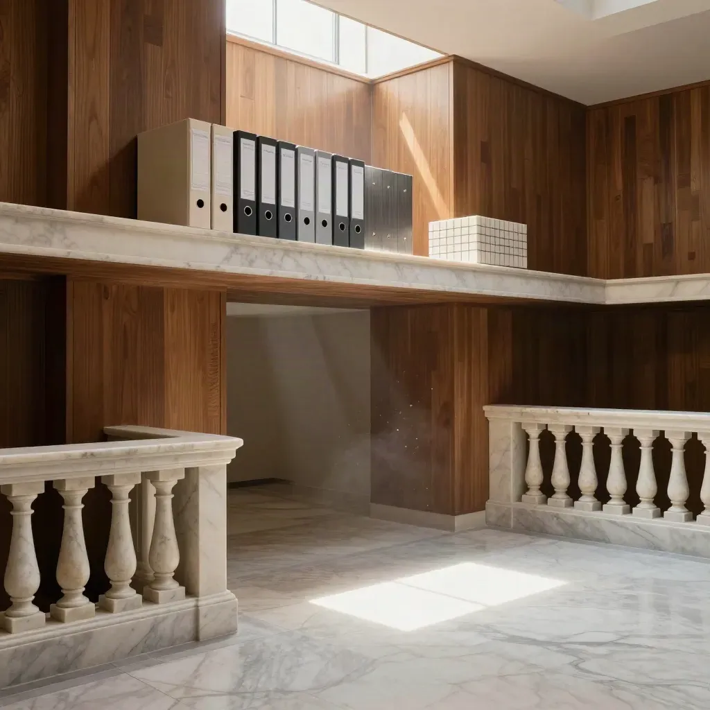 Sunlit financial atrium with portfolio binders on marble ledge and calm floor space below